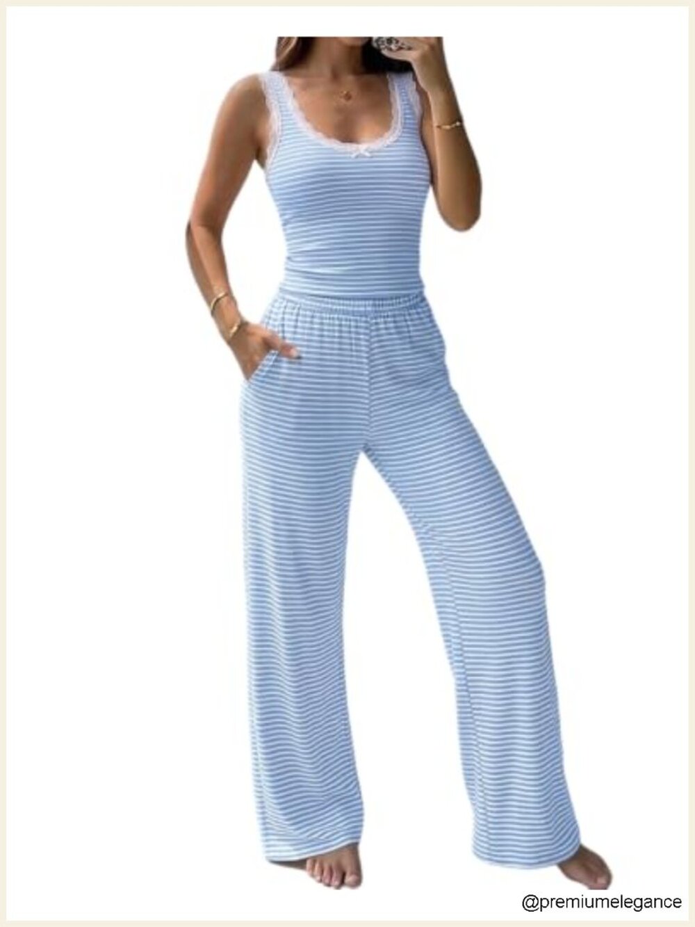 Women's Striped Lounge Set with Pockets, Rib Knit, Wide Leg, Sleeveless